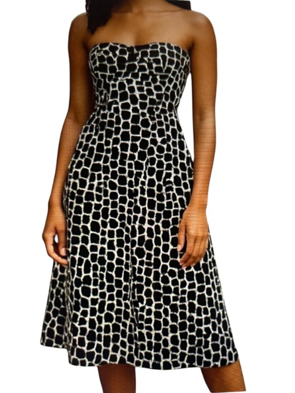 White House Black Market SILK Dress Black White Abstract Strapless Size 6